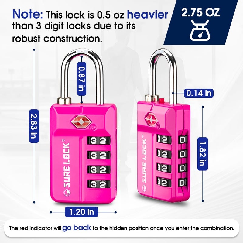 SURE LOCK TSA Approved 4-Digit Resettable Combination Luggage Locks with Open Alert, Easy-Read Dials - for Luggage, School Lockers, Gym, Office, Toolbox & Security Cases (Pink 1 Pack) - Image 4